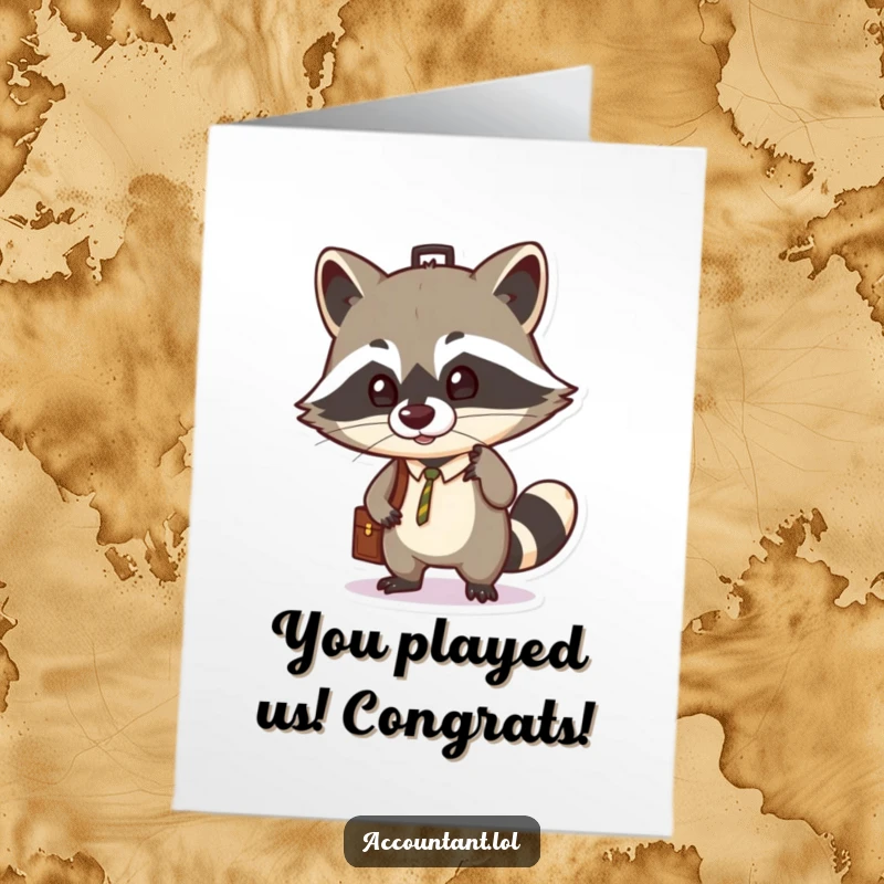 Funny Free Printable Congratulations Card: Mischievous raccoon confidently balancing a briefcase on its nose, symbolizing a successful deal or promotion.