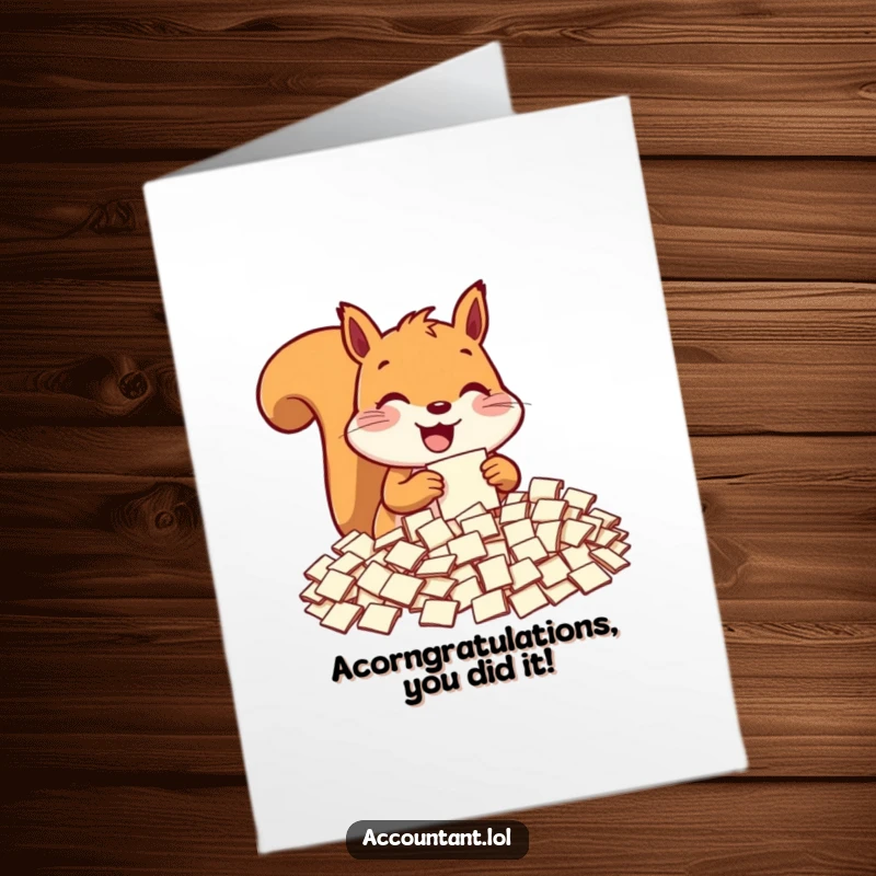Funny free printable congratulations card of a delighted squirrel joyfully organizing a massive pile of tiny paper slips.