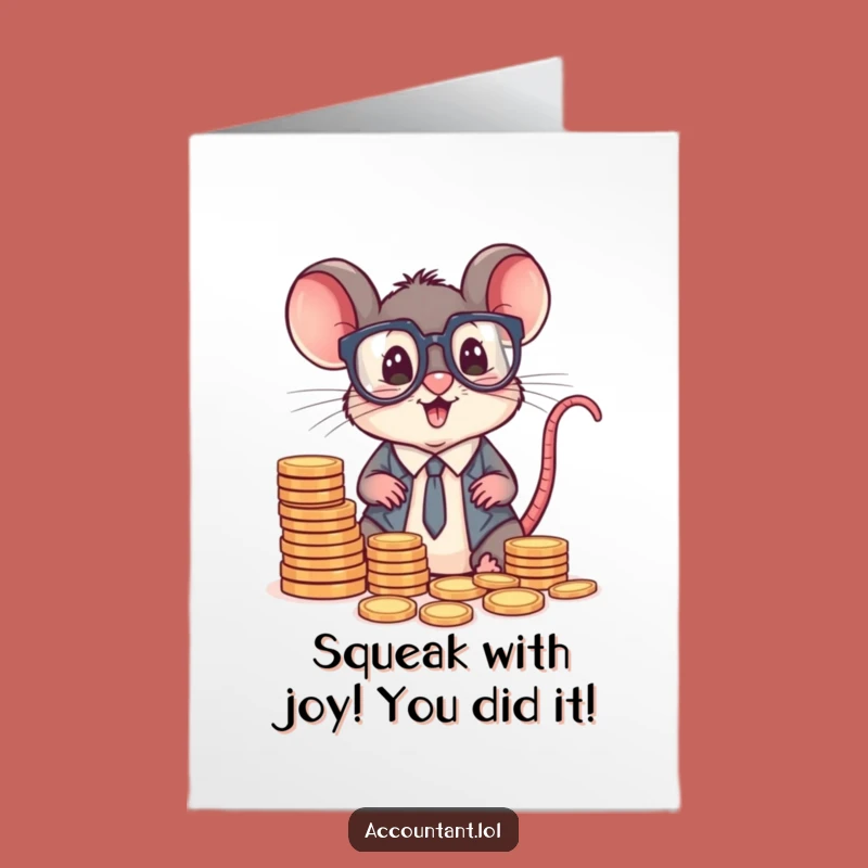 Free Printable Congratulations Card: Excited Mouse Accountant Celebrating Success with Coins, Downloadable