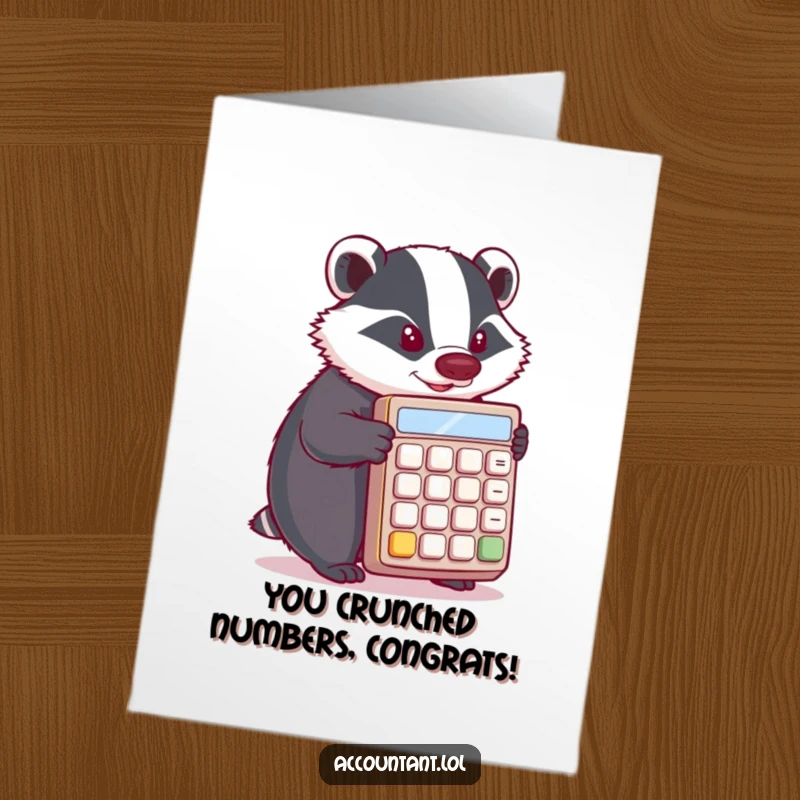 Funny Free Printable Congratulations Card: A determined badger concentrates hard while pushing a massive calculator, celebrating success.