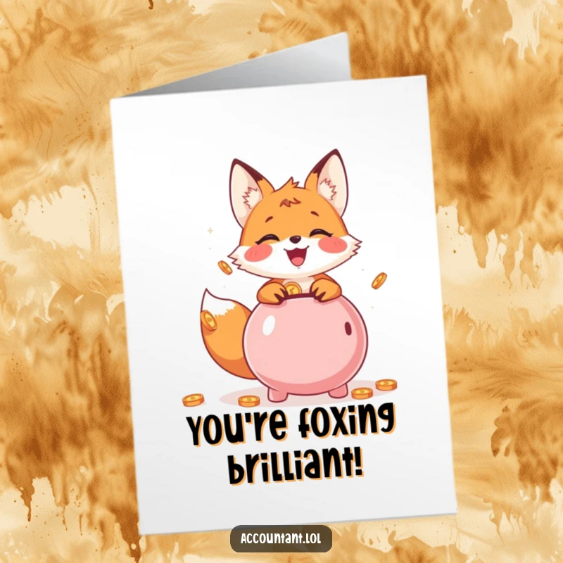 Funny Free Printable Congratulations Card: A cheerful fox cub joyfully tosses coins into a piggy bank, celebrating a financial success.