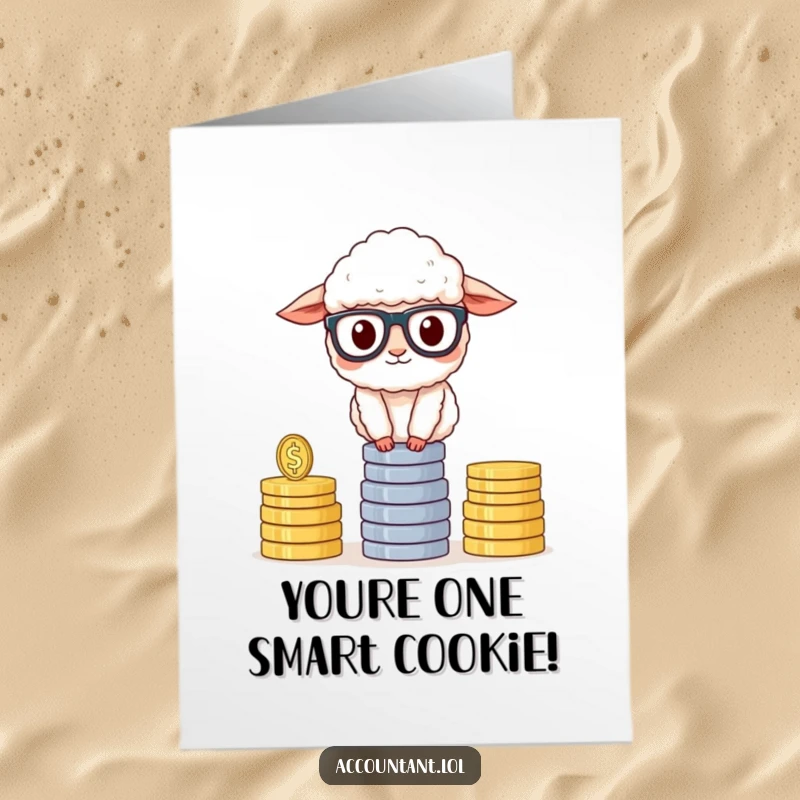 Funny Free Printable Congratulations Card: A smart sheep wearing glasses balances a giant stack of coins, celebrating success.