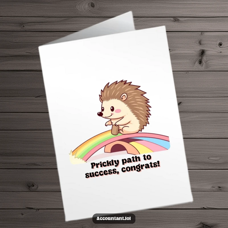 Funny Free Printable Congratulations Card: Joyful hedgehog pushing a big ledger across a colorful rainbow bridge, marking success.
