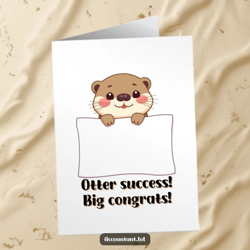 Funny free printable congratulations card: A curious otter peeks with a smile over a vast spreadsheet, representing insightful success, a unique downloadable gift.