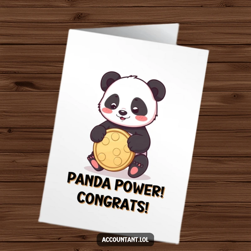 Funny free printable congratulations card: A playful panda bounces a large coin skillfully, celebrating achievements with adorable energy, a unique downloadable gift.