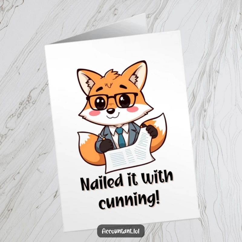 Funny Free Printable Congratulations Card: A sly fox accountant beams, drawing a happy smiley face on a balance sheet, celebrating great achievements.
