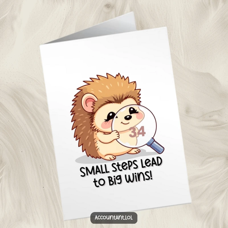 Funny Free Printable Congratulations Card: A giggling hedgehog peers over a magnifying glass at a minuscule number, celebrating.