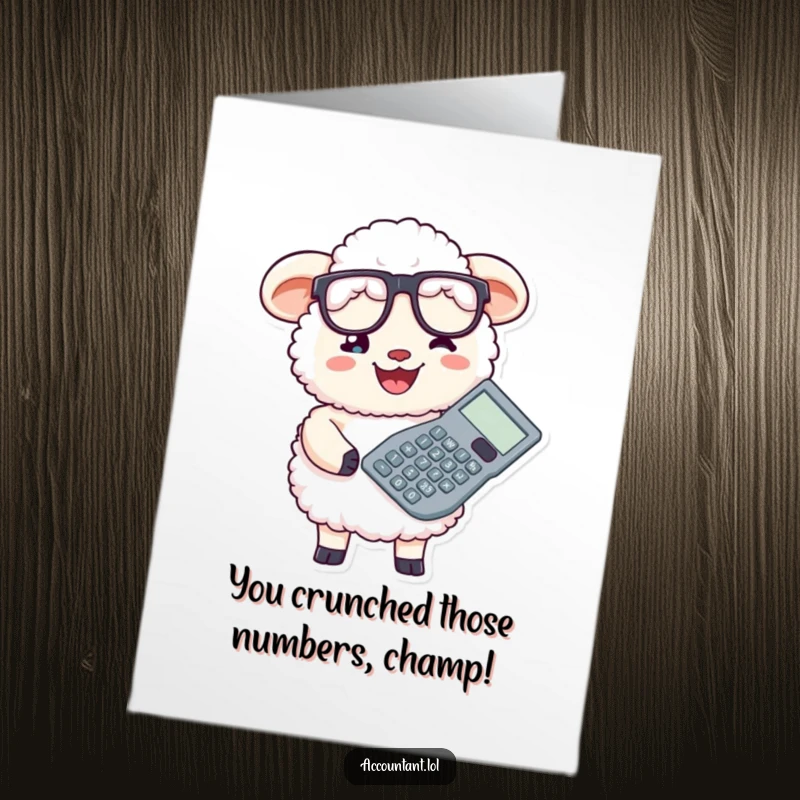 Free Printable Congratulations Card: A cheerful sheep accountant wearing glasses poses with a huge calculator, celebrating achievements.