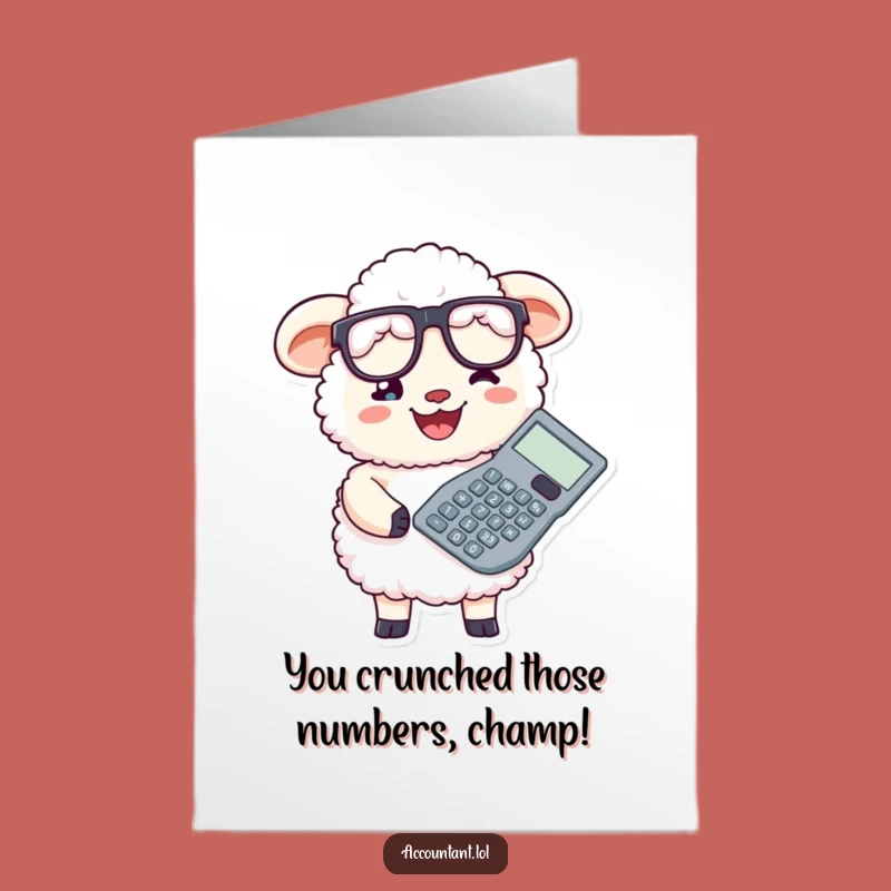 Free Printable Congratulations Card: Whimsical Sheep Accountant Celebrates with Big Calculator, Funny Downloadable