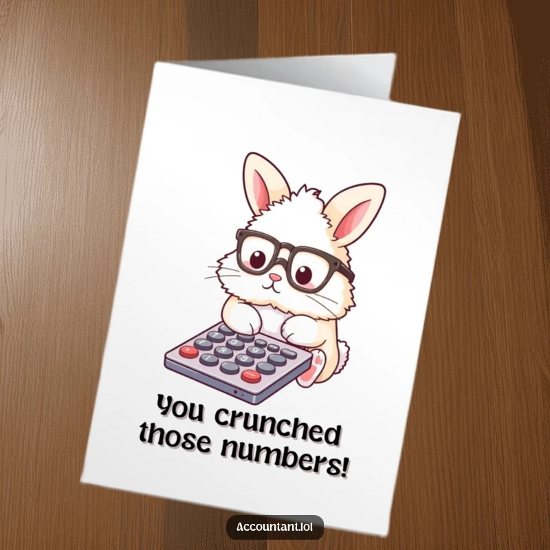 Funny Free Printable Congratulations Card: A fluffy bunny wearing glasses happily taps on a calculator, signifying financial success.
