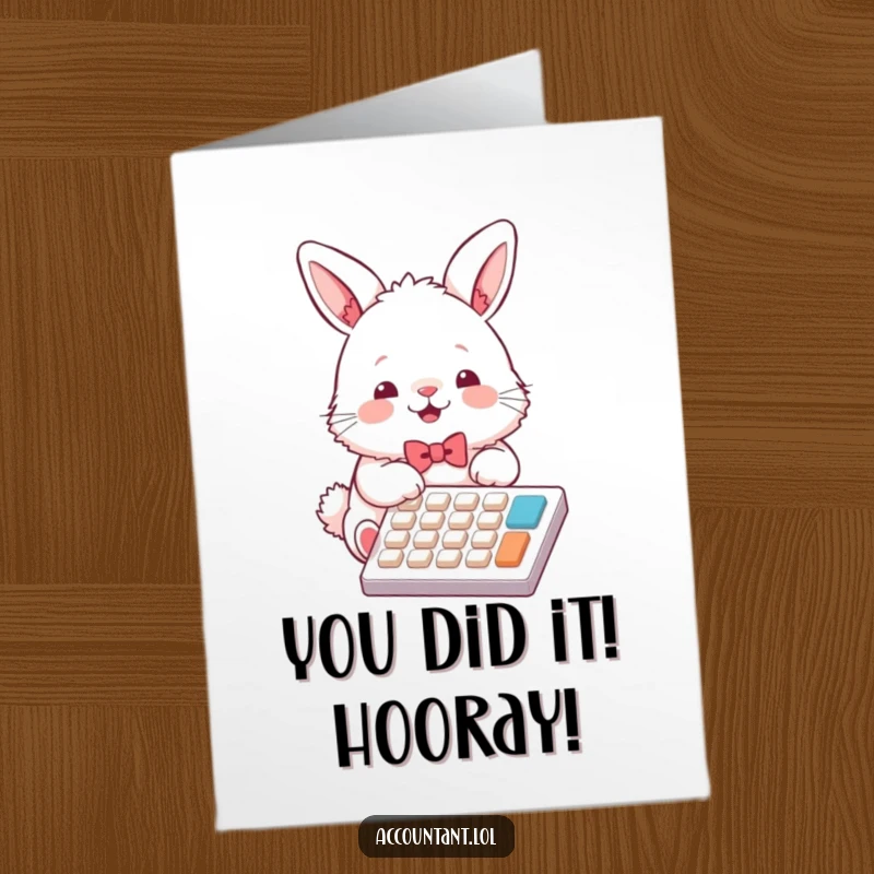 Funny Free Printable Congratulations Card: Bunny in bowtie tapping calculator keys, celebrating a big win, office humor.