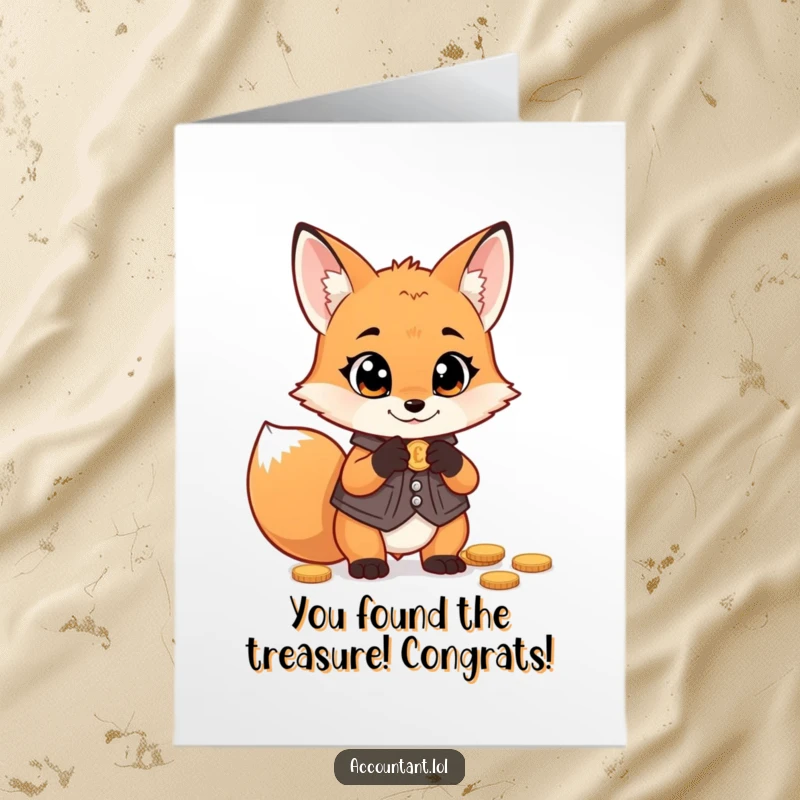 Funny Free Printable Congratulations Card: Fox in vest counting coins with wide eyes, celebrating financial success, money puns.