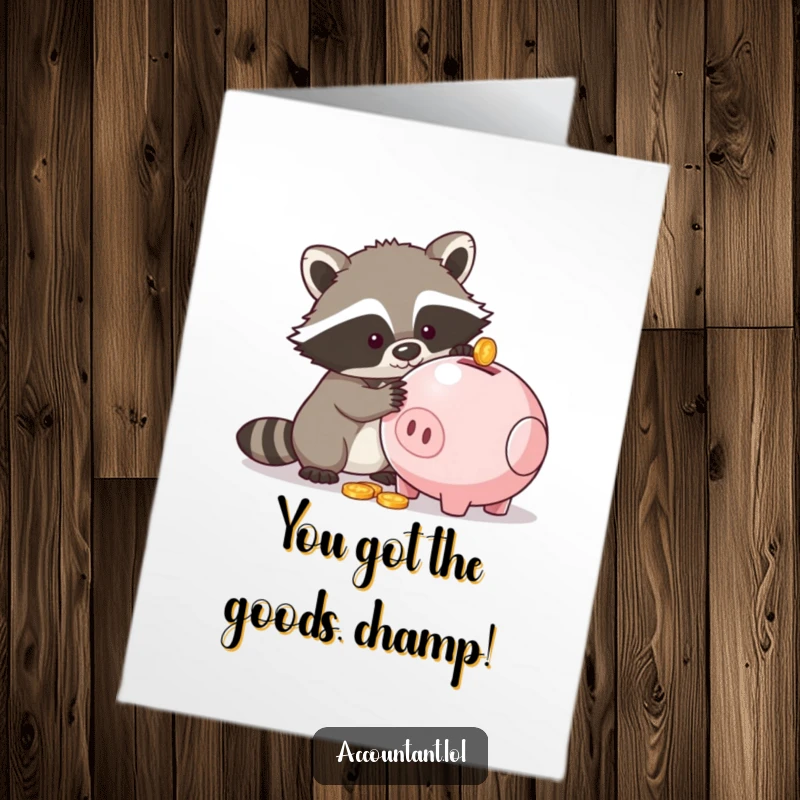Funny Free Printable Congrats Card: Raccoon trying to pilfer coins from a piggy bank, celebrating a sly victory.