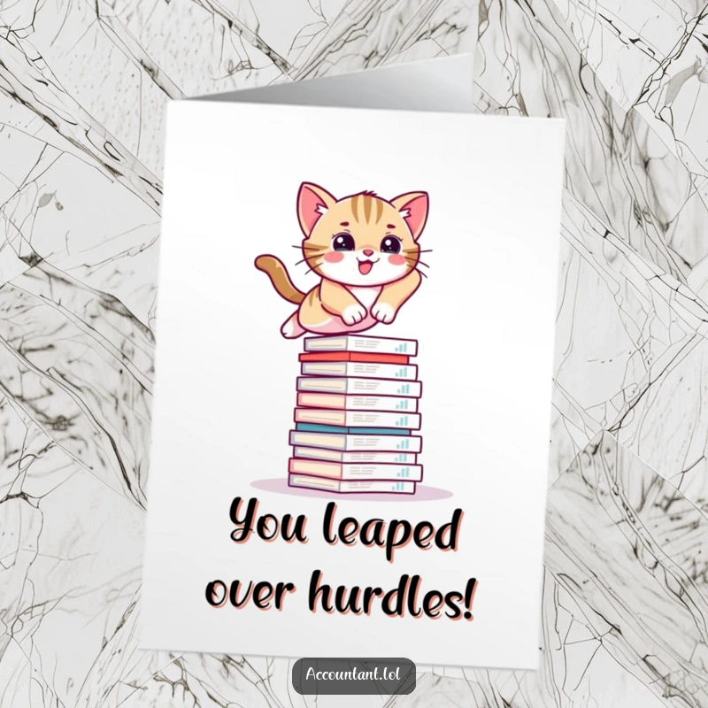 Funny Free Printable kitten card featuring a playful cat leaping over financial reports, perfect for congratulations.