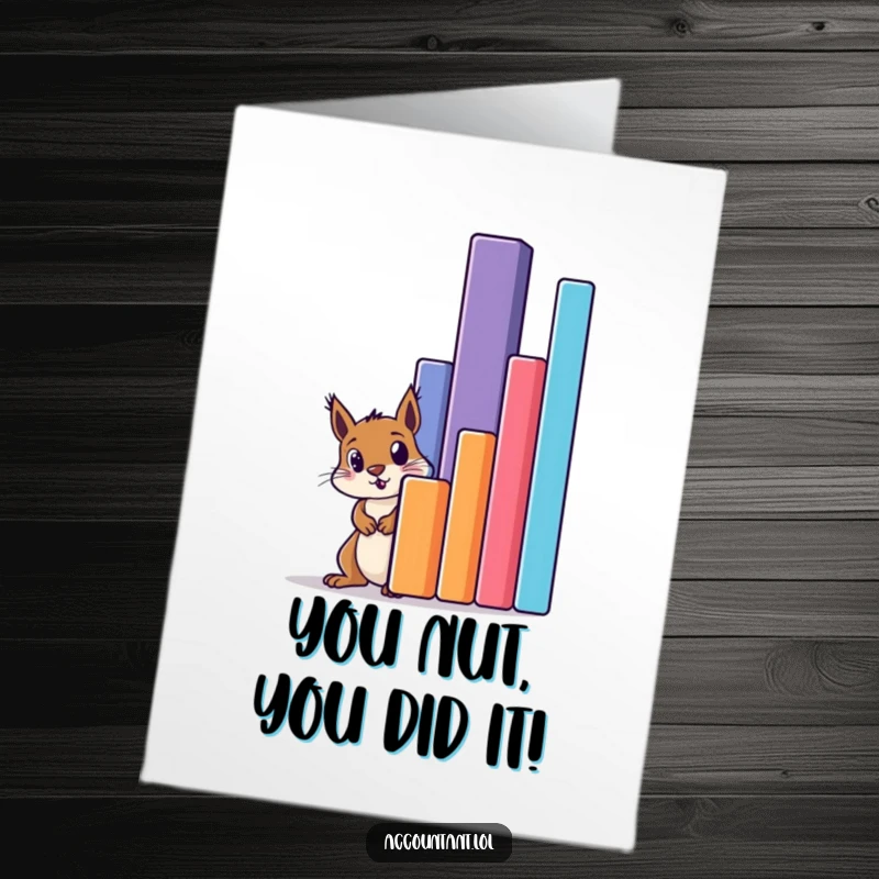 Funny Free Printable Congrats Card: A curious squirrel peeks out from behind a huge bar graph, looking utterly amazed at a big win.