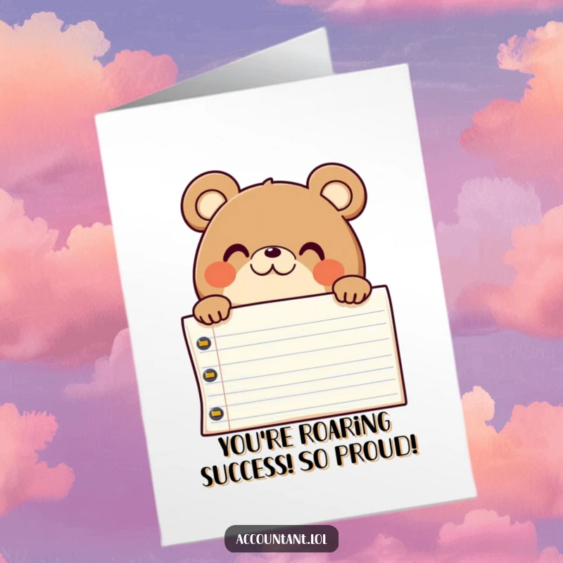 Free Printable Congratulations Card: A chubby bear looks surprised and pleased peering over a substantial, open ledger.