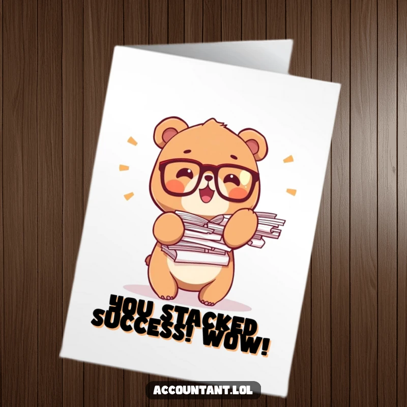 Funny Free Printable Congratulations Card: Bear with glasses excitedly balancing stacks of papers, promotion celebration, office humor.