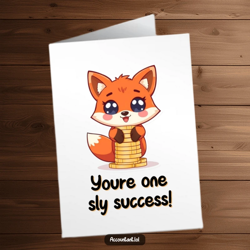 Funny Free Printable Fox Congratulations Card: A red fox with wide, excited eyes gleefully stacks oversized coin stacks, celebrating your amazing success.