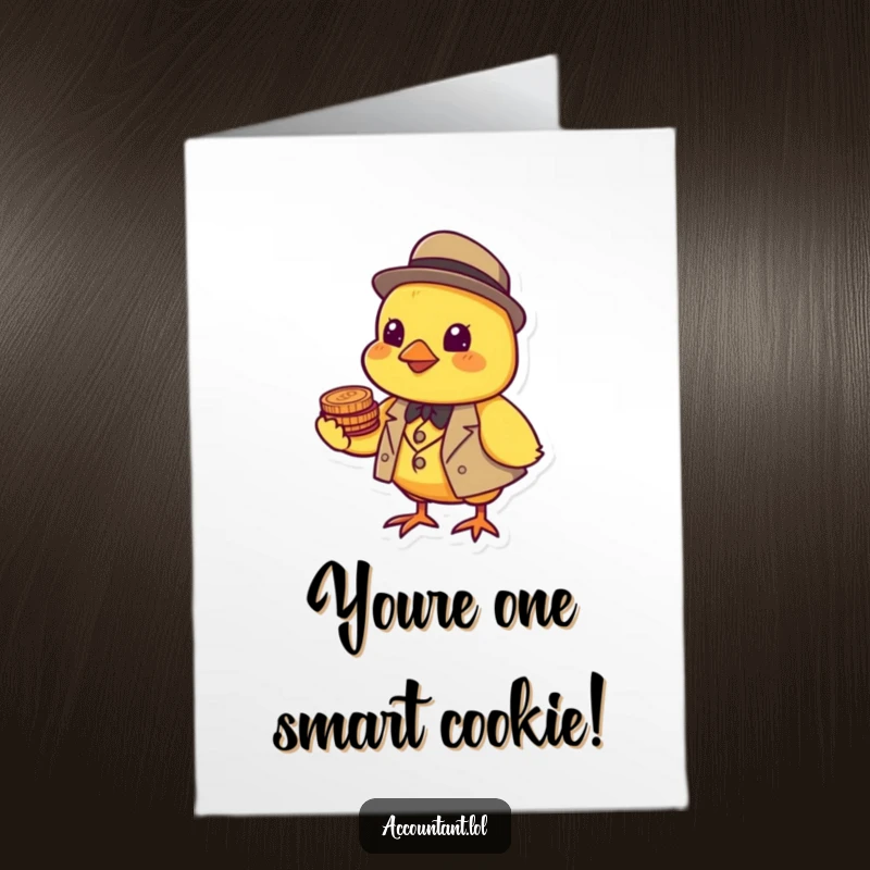 Funny Free Printable Chick Congratulations Card: A dapper yellow chick in a suit balances coins on its beak, celebrating your amazing success.