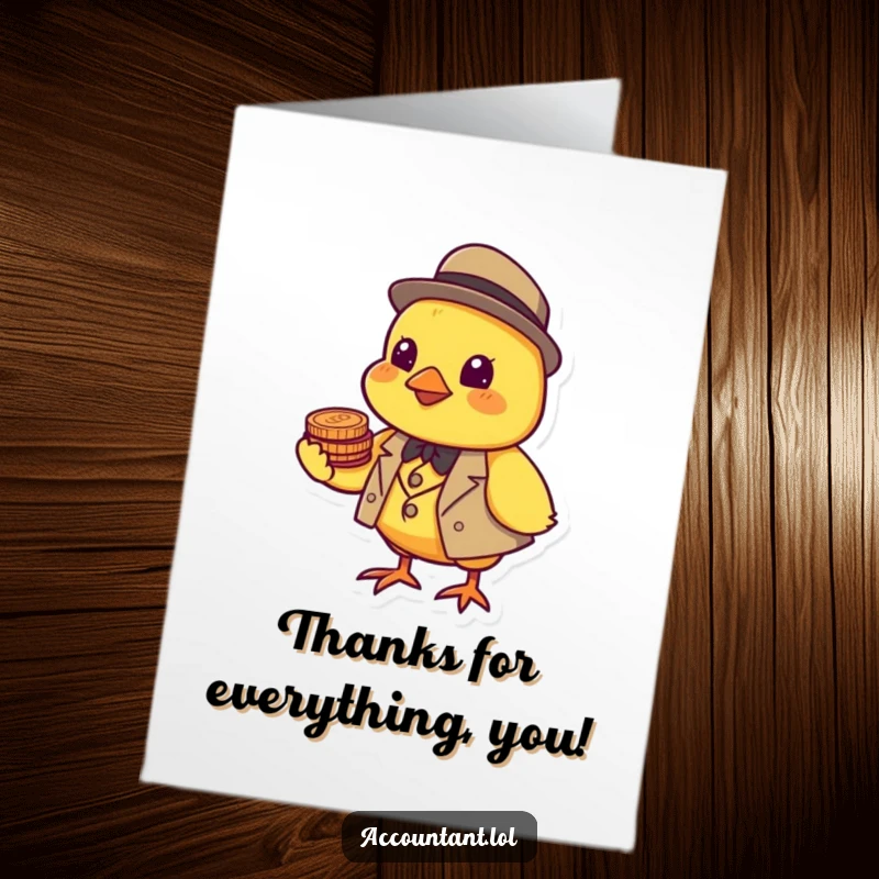 Funny Free Printable Chick Thank You Card: A yellow chick in a suit balances coins on its beak, offering a dapper thank you gesture.
