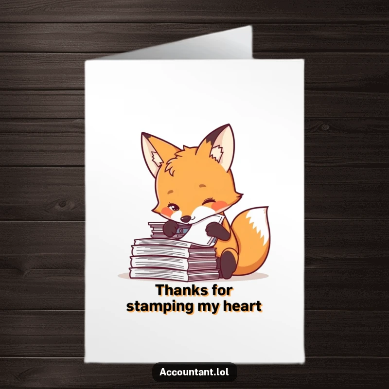 Funny free printable fox thank you card with a curious fox stamping documents, conveying appreciation. DL size.