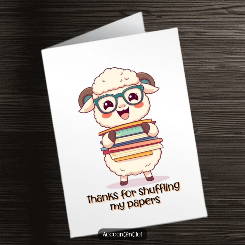 Funny Free Printable Thank You Card: A fluffy sheep with glasses humorously balancing a giant stack of papers.