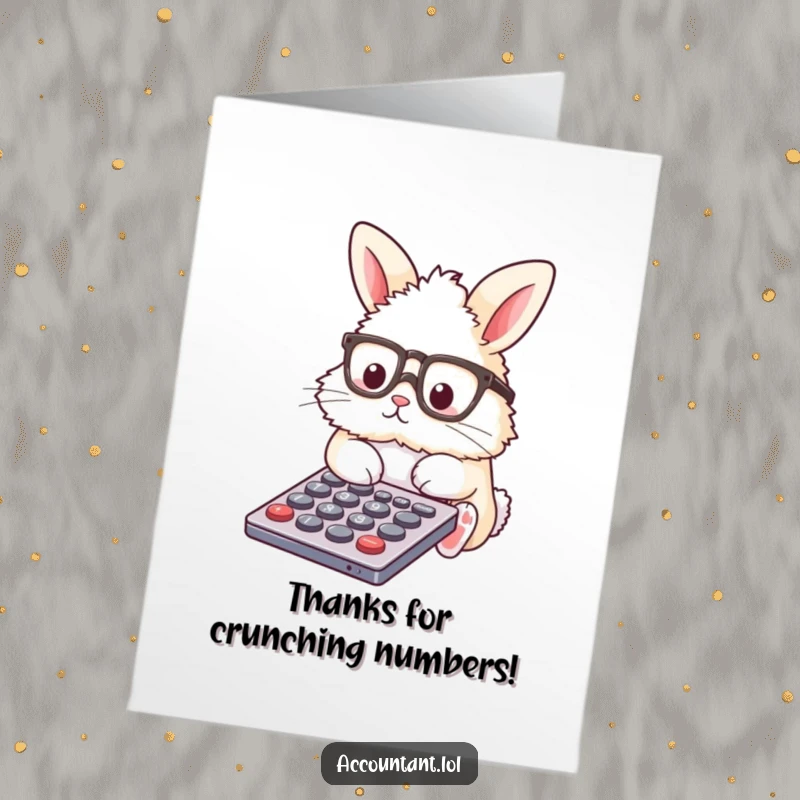 Funny Free Printable Thank You Card: A fluffy bunny in glasses happily taps a calculator, sending thanks with a smile.