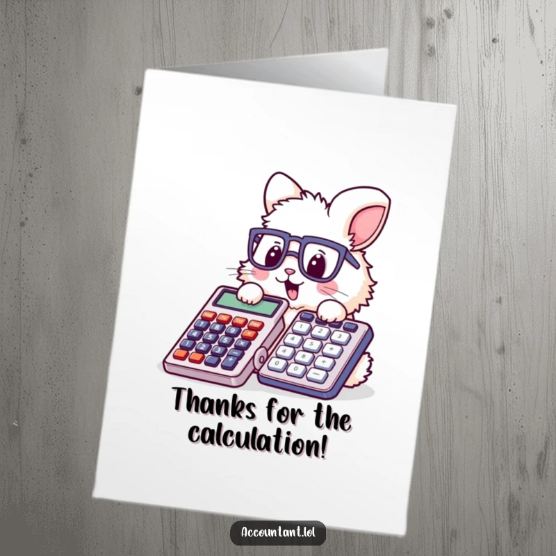 Funny Free Printable Thank You Card: A fluffy bunny wearing glasses happily stamps a giant calculator, expressing heartfelt thanks.