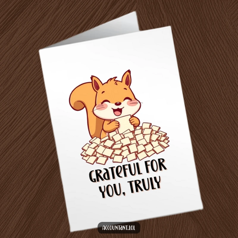 Funny free printable thank you card where a delighted squirrel meticulously sorts through a mountain of tiny paper slips.