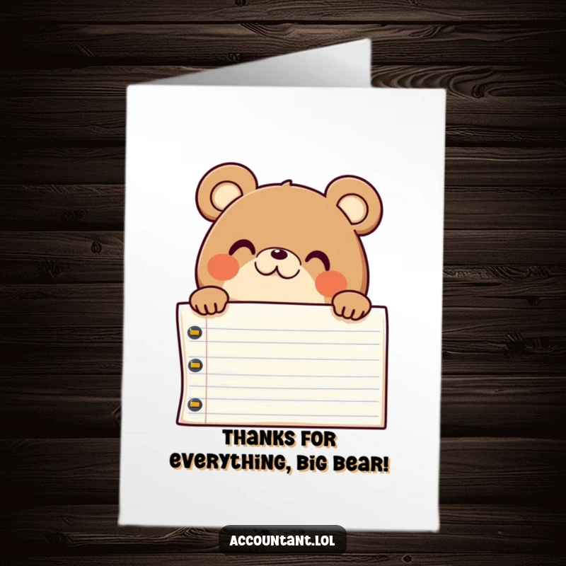 Funny Free Printable Thank You Card: A chubby bear peeks over a large ledger, smiling with pleased surprise.