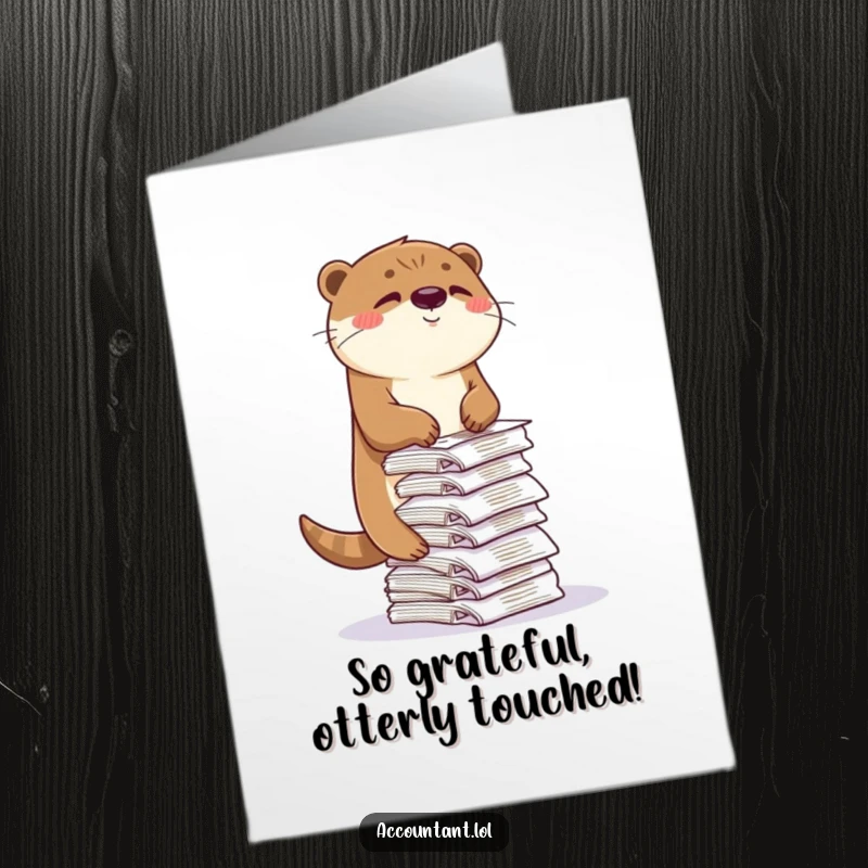 Funny free printable thank you card with a winking otter triumphantly balancing a huge stack of receipts, saying thanks.