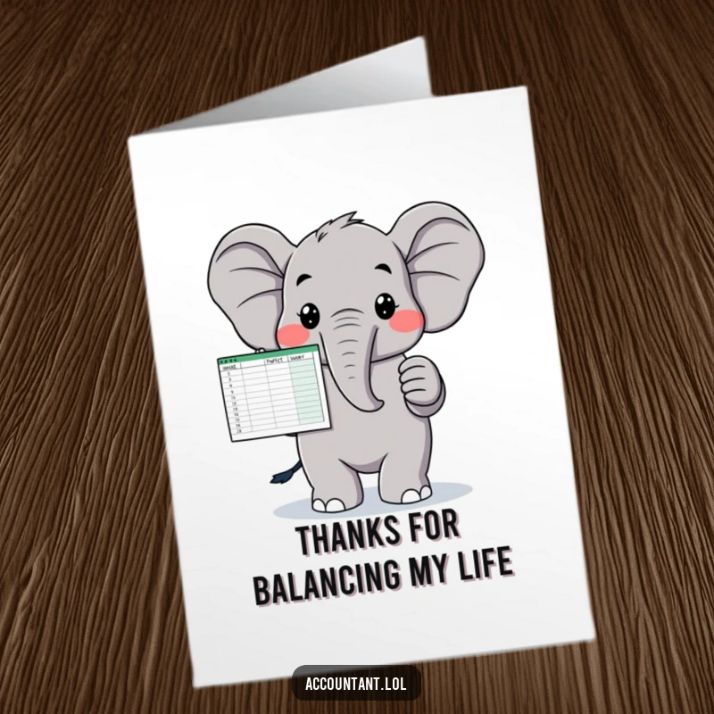 Funny Free Printable Thank You Card: Elephant holding a balanced spreadsheet, symbolizing organized and sincere thanks.