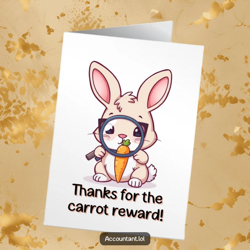 Funny Free Printable Thank You Card: A bunny auditor peers intently through a magnifying glass at a single tiny carrot, showing careful appreciation.