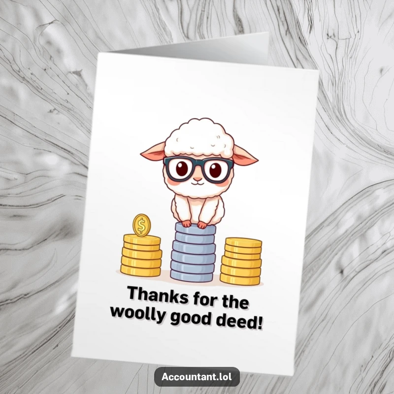 Funny Free Printable Thank You Card: A sheep in glasses humorously counts a large stack of coins, expressing gratitude.