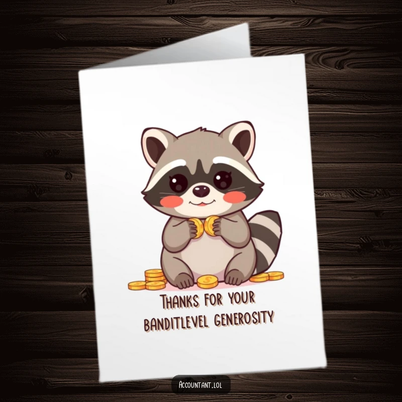 Funny Free Printable raccoon card featuring a blushing raccoon amazed by a pile of coins it's counting.