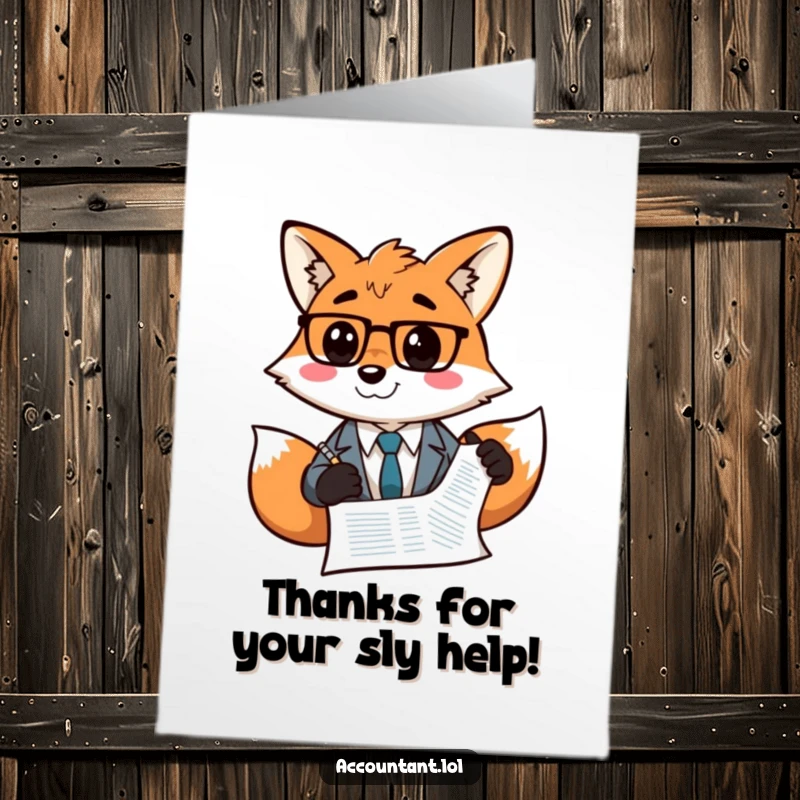 Funny Free Printable Thank You Card: A confident fox accountant grins while adding a smiley face to a balance sheet, expressing thanks playfully.
