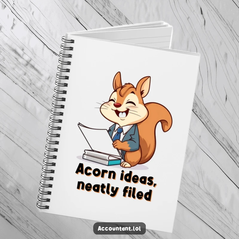 Funny squirrel office notebook, a cheerful squirrel in a suit, giggling while filing documents, perfect for writing.