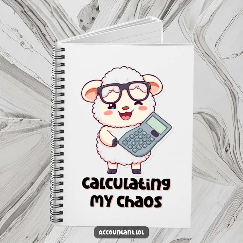 Funny fluffy sheep accountant with glasses and a giant calculator, perfect for jotting down brilliant ideas humorously.