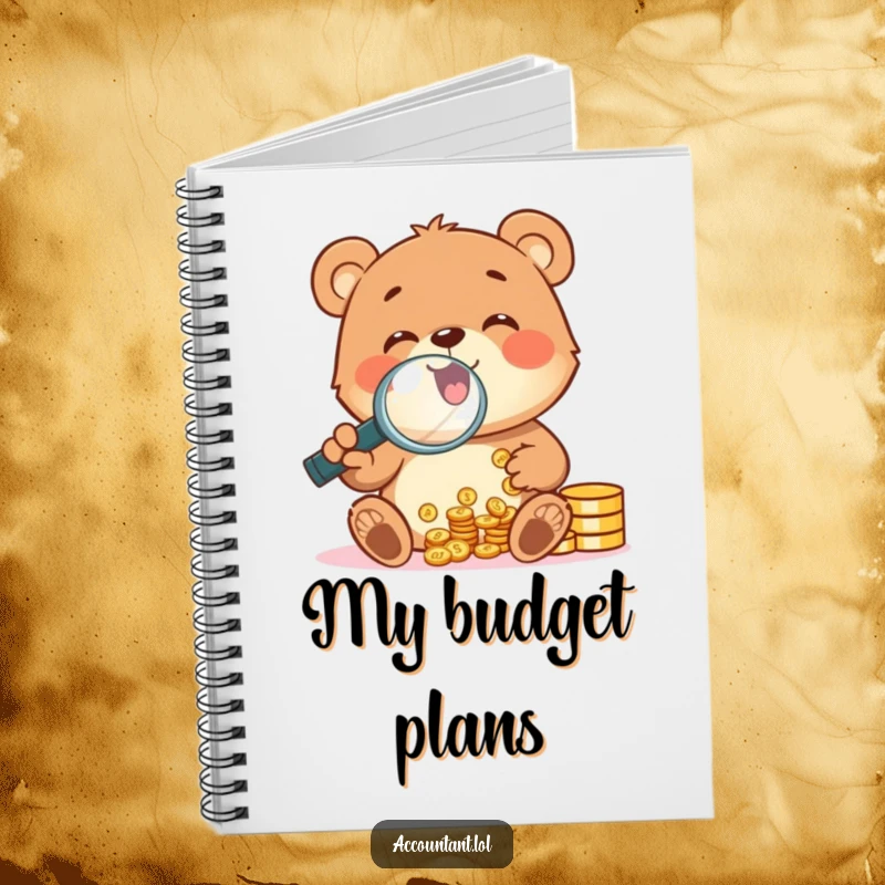 Funny bear cub gleefully counting coins with a magnifying glass, on the cover of a funny notebook.