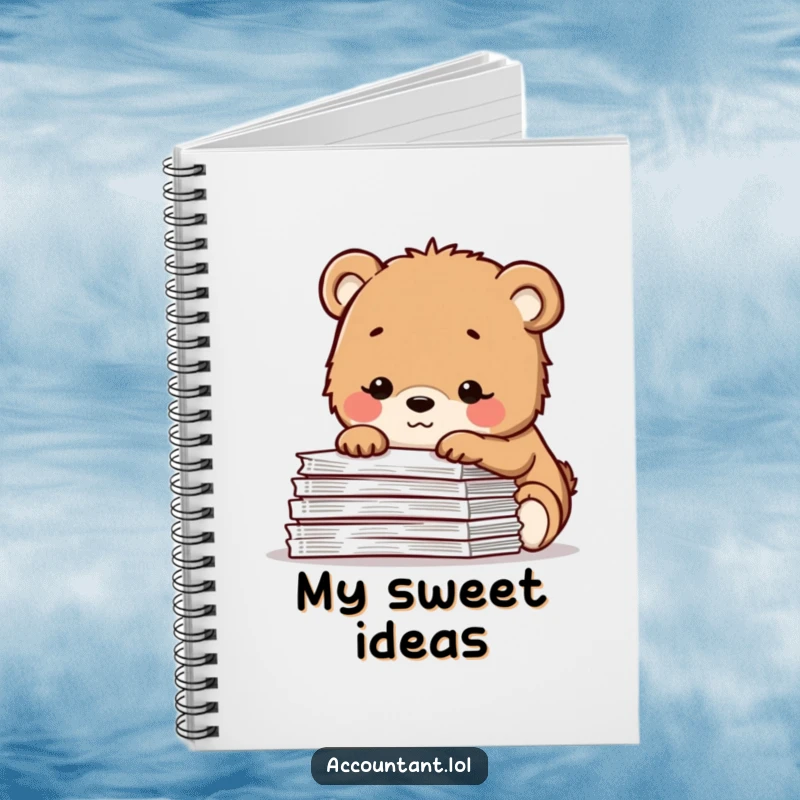 Funny notebook cover with a contented bear cub smiling over spreadsheets, ideal for writing thoughts with a peaceful and humorous theme.
