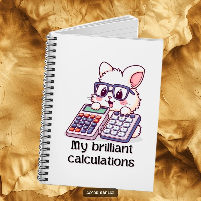 Funny bunny accountant notebook, a fluffy rabbit with glasses humorously stamping a large calculator, ideal for note-taking.