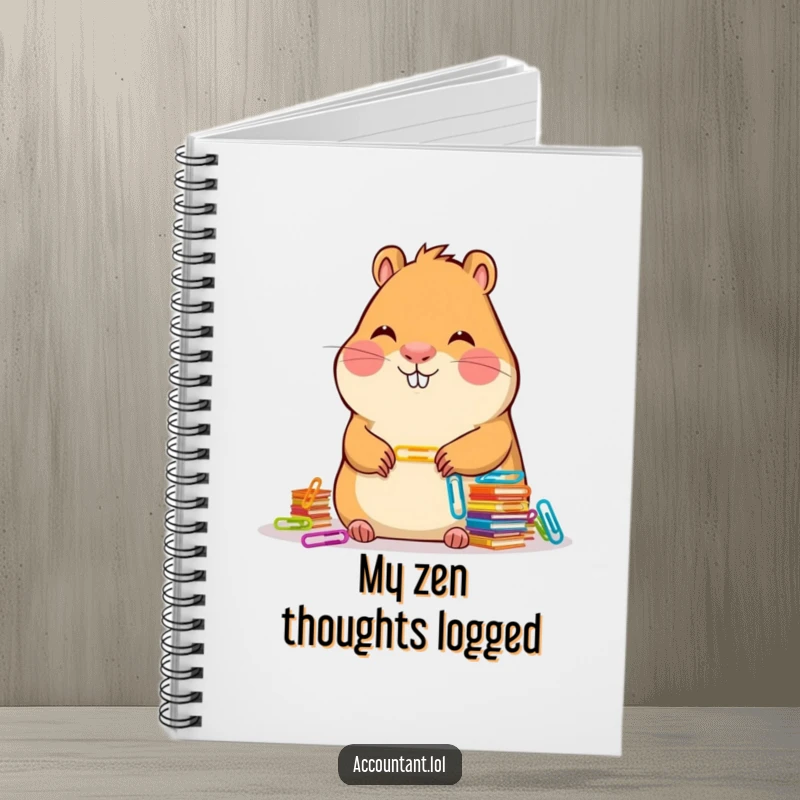 Funny Capybara Accountant Notebook: Features a serene capybara smiling while stacking colorful paper clips on the cover.