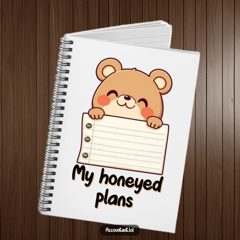 Funny chubby bear peeking over a ledger with a pleased surprise, ideal for humorous note-taking.