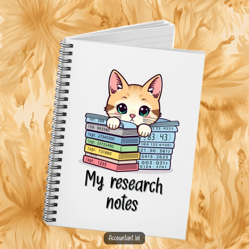 Funny curious cat peeking over expanding numerical charts, a humorous notebook for capturing thoughts and ideas.