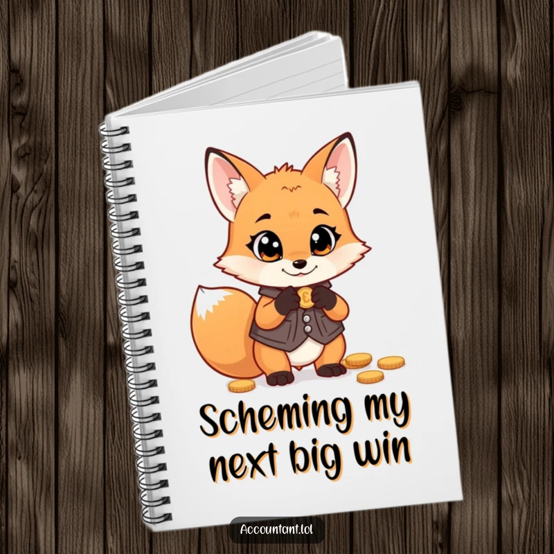 Funny fox money notebook, a mischievous fox in a vest, counting coins with wide eyes, perfect for writing.