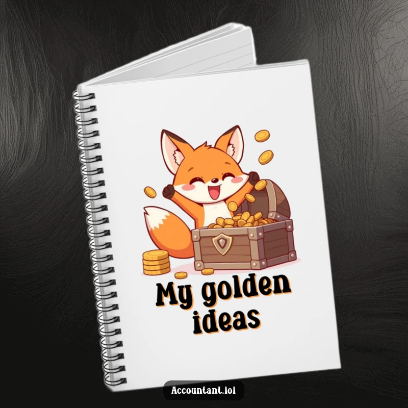 Funny fox treasure notebook, an energetic fox joyfully tossing coins into a treasure chest, perfect for note-taking.