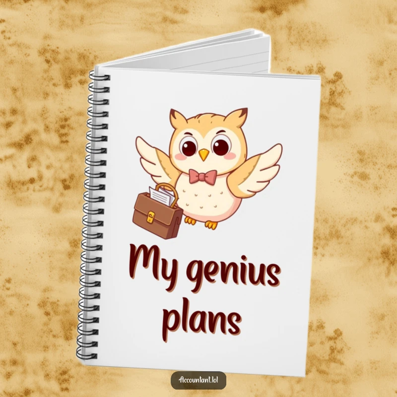 Funny happy owl wearing a bow tie, flying with a briefcase full of papers, a humorous notebook for smart ideas.
