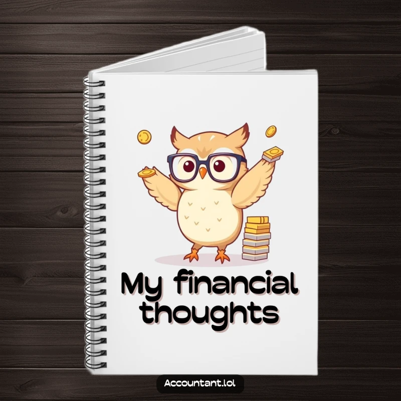 Funny notebook cover featuring a small, spectacled owl skillfully juggling paper coins, inspiring wise financial planning and note-taking.