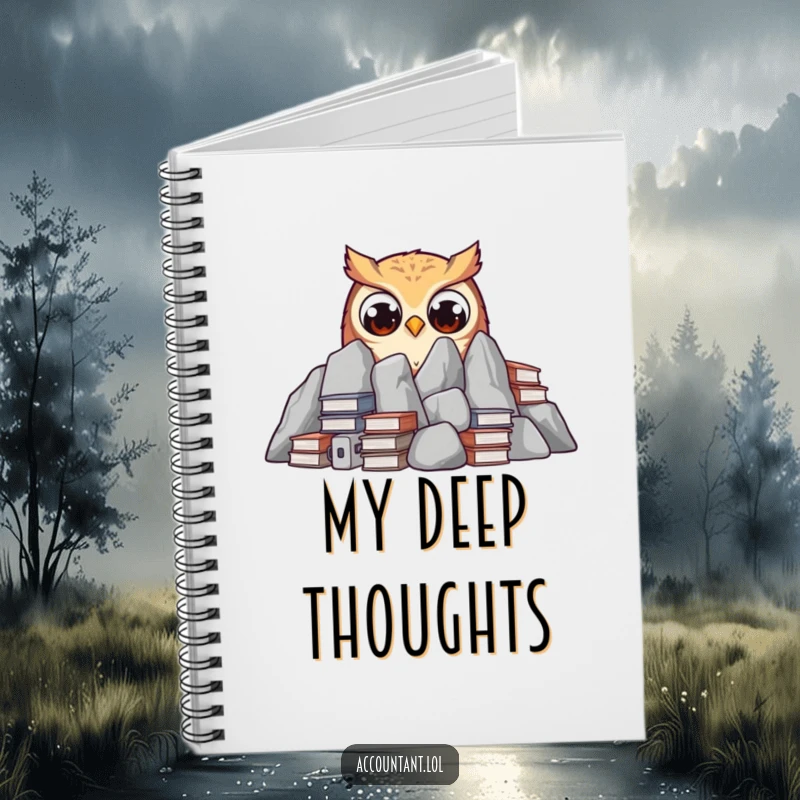Funny curious owl peeking from behind ledgers with wide eyes, on the cover of a funny notebook.
