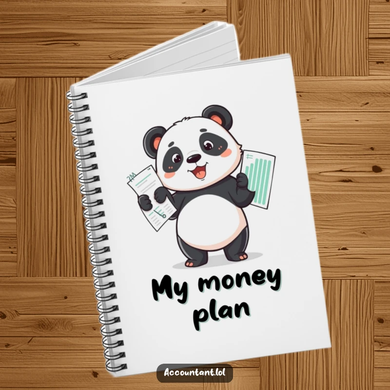 Funny determined panda proudly holding up a perfectly balanced budget spread on a lined notebook.
